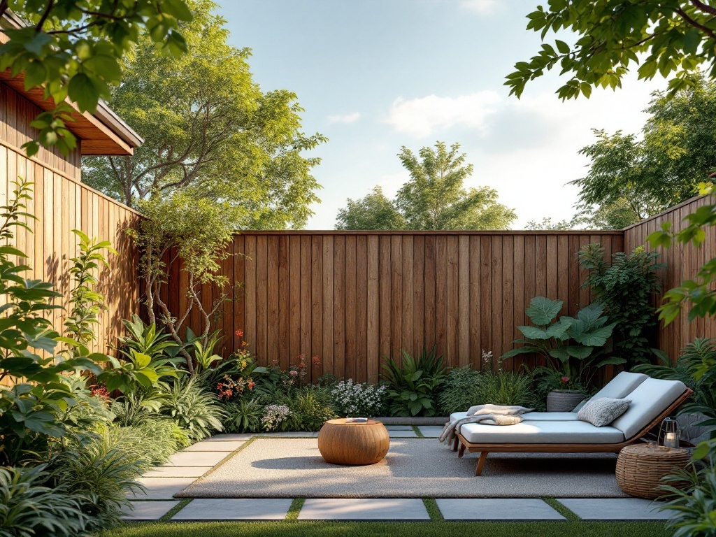 A cozy fenced backyard with lounge chairs, greenery, and a stone patio