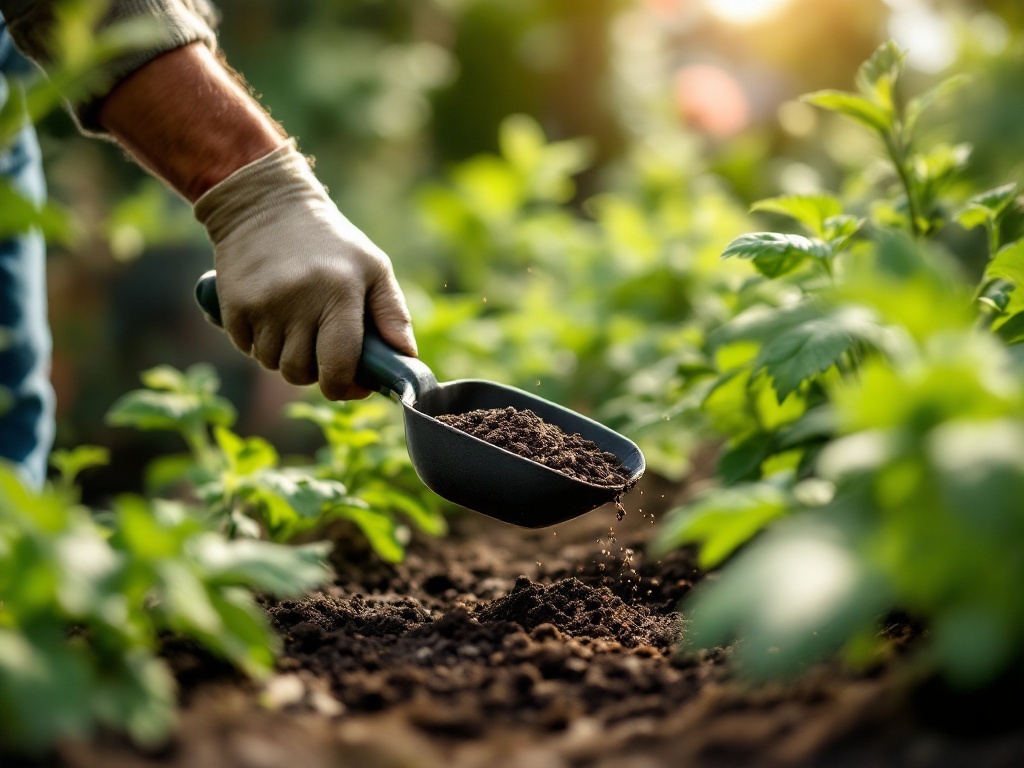 A hand holding a scoop of soil, preparing to fertilize plants in a garden.