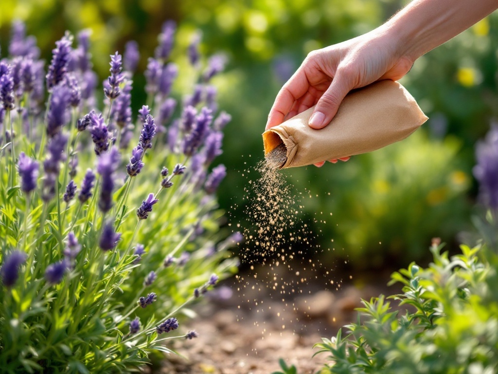 A hand pouring fertilizer onto blooming lavender plants in a garden.