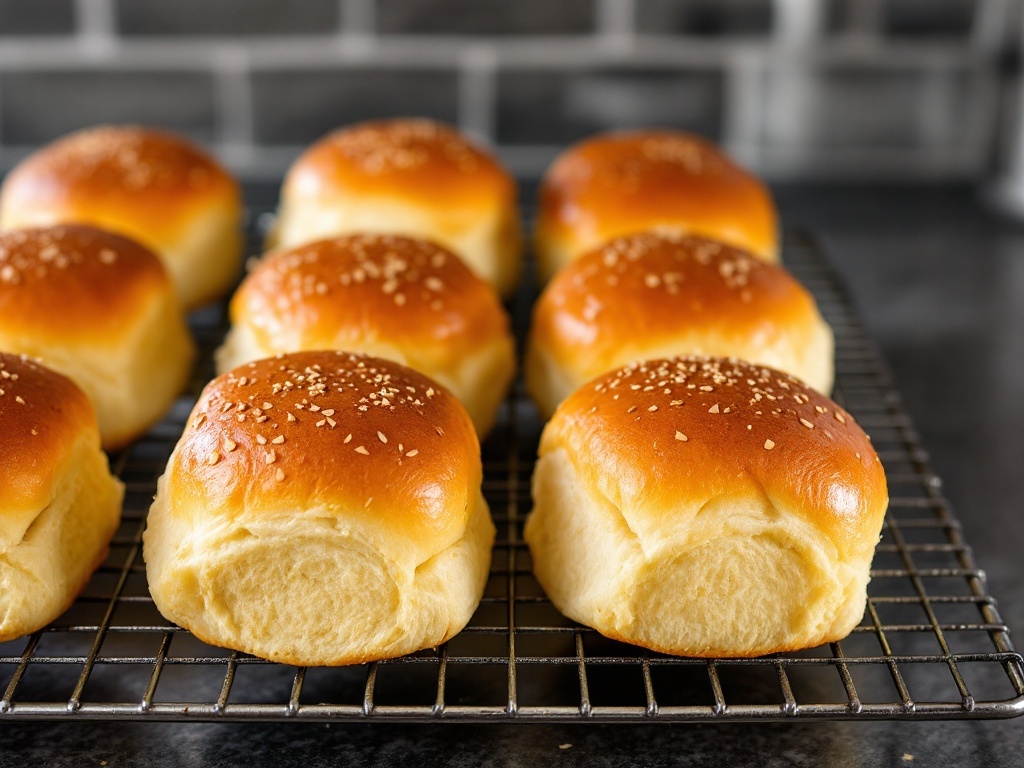 Freshly baked slider buns on a cooling rack