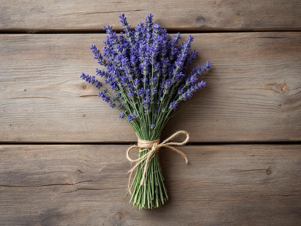 A bouquet of freshly picked lavender tied with twine on a wooden surface.