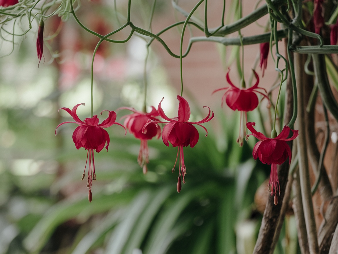 A close-up of vibrant fuchsia flowers hanging from a plant