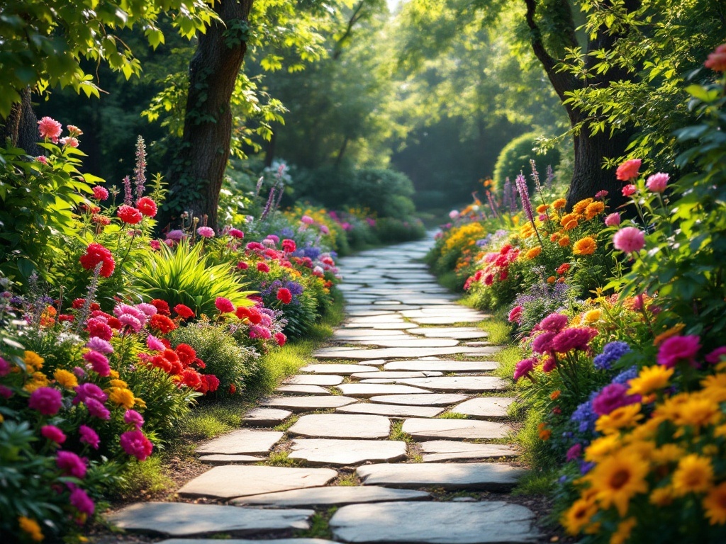 A stone pathway surrounded by colorful flowers in a lush garden.