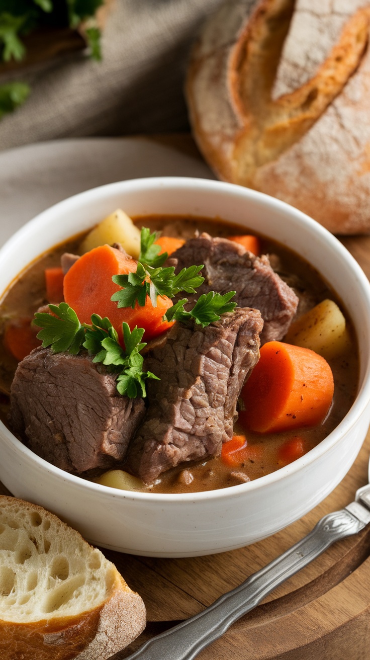 A bowl of beef stew garnished with parsley and served with crusty bread