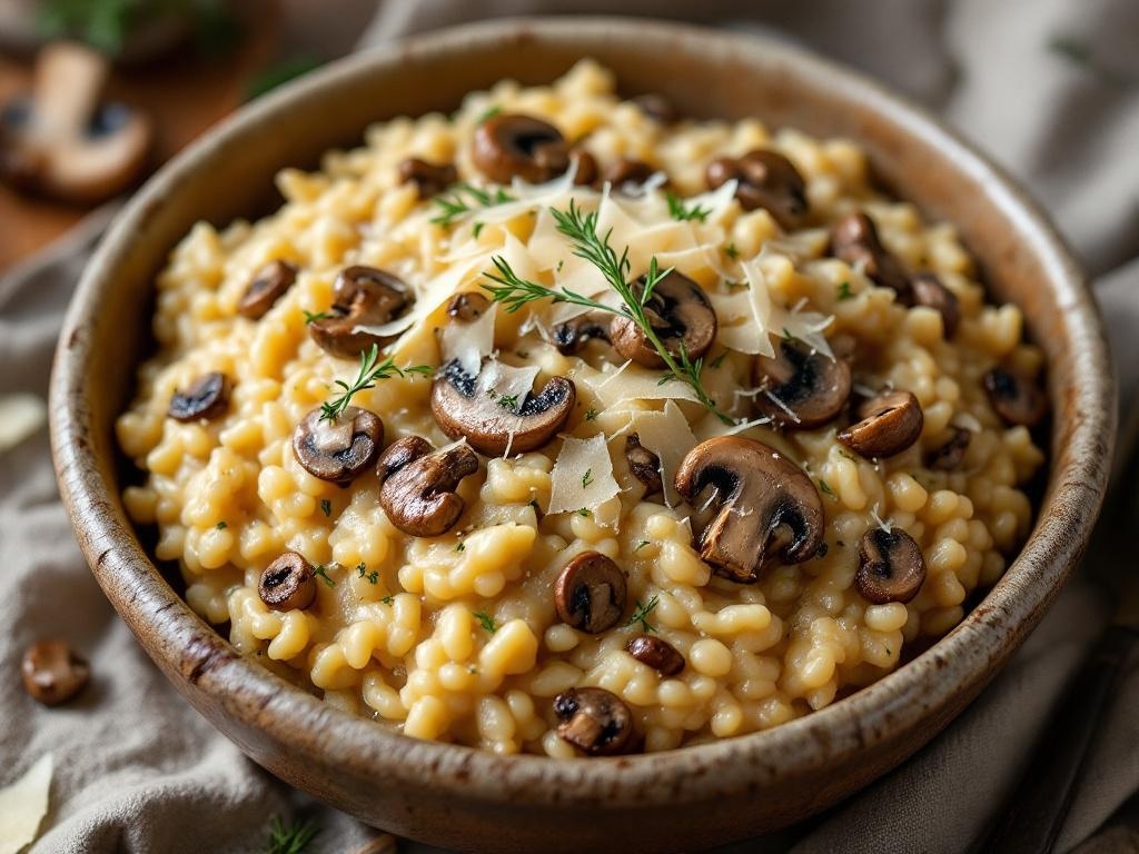 A bowl of gourmet mushroom risotto topped with mushrooms and herbs.