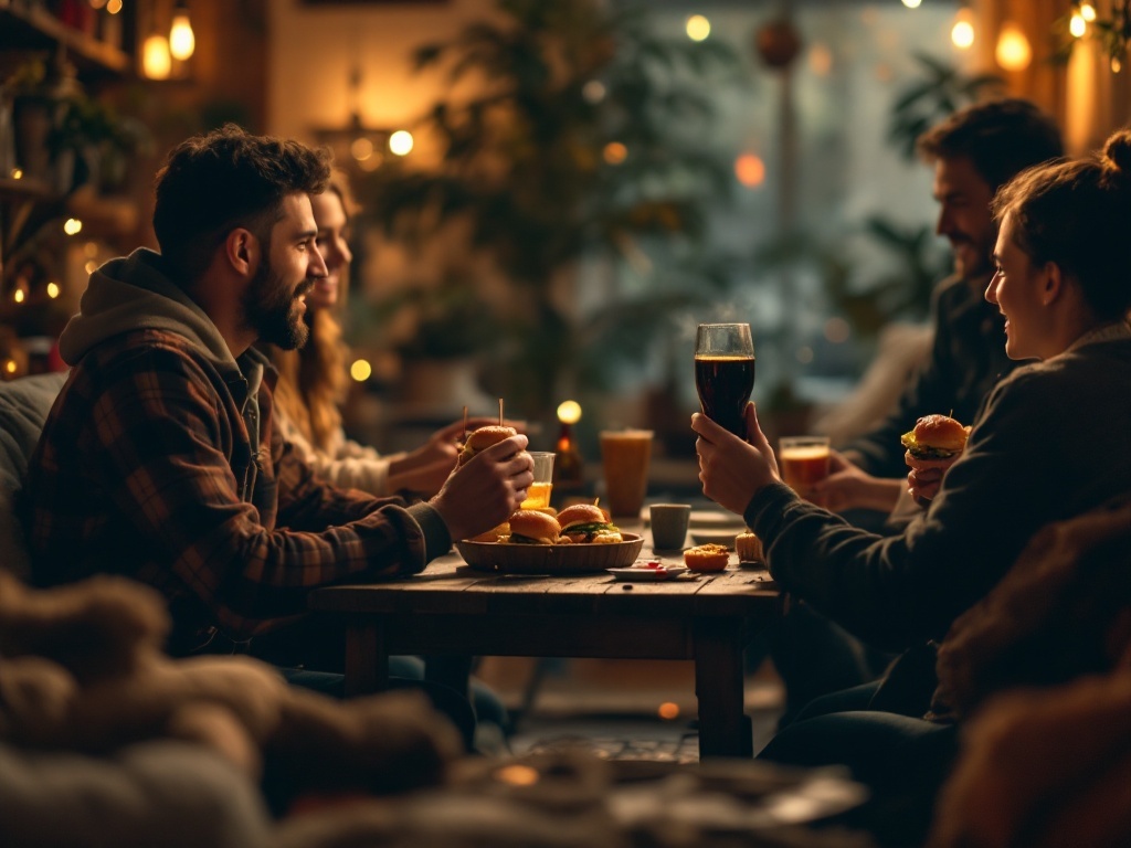 A cozy gathering with friends enjoying French Dip Sliders and drinks.