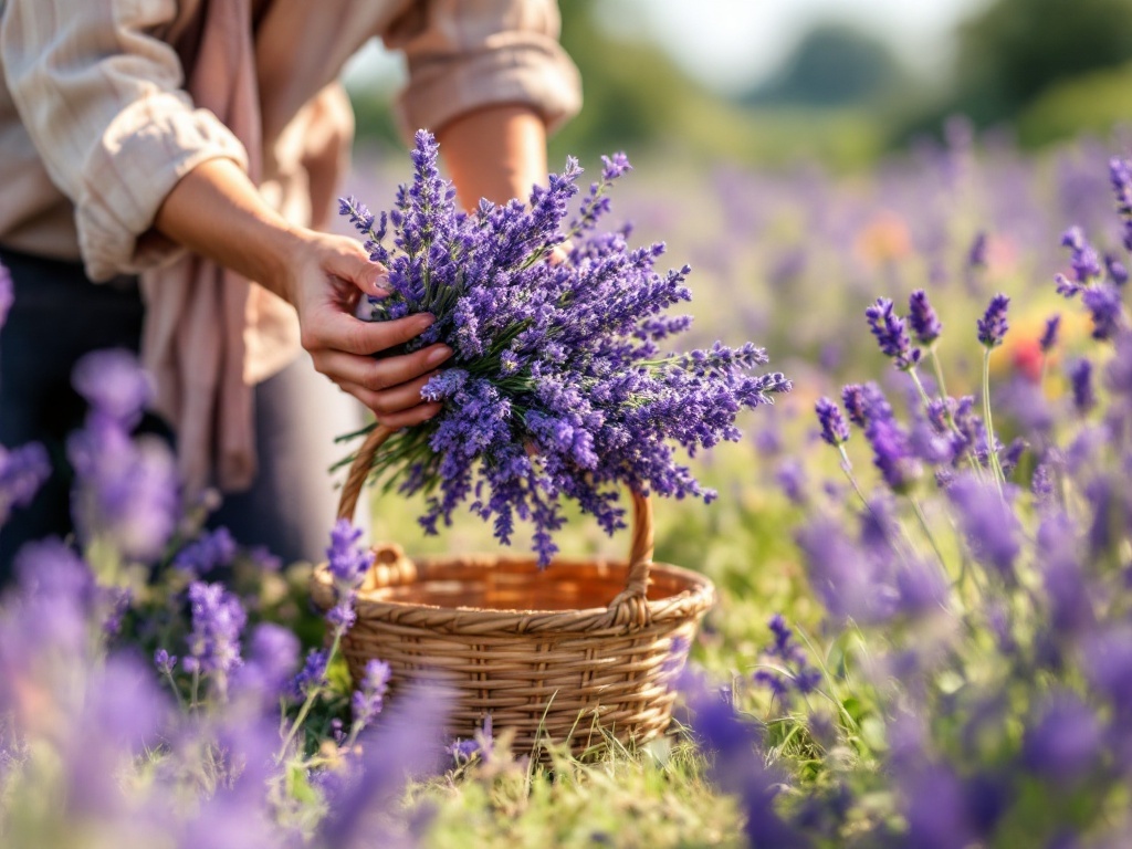 A person harvesting lavender flowers, holding a bunch of lavender with a wicker basket nearby.