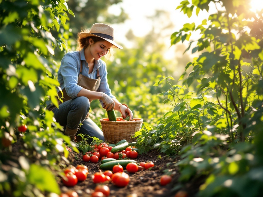 A person harvesting tomatoes and zucchini in a sunlit garden