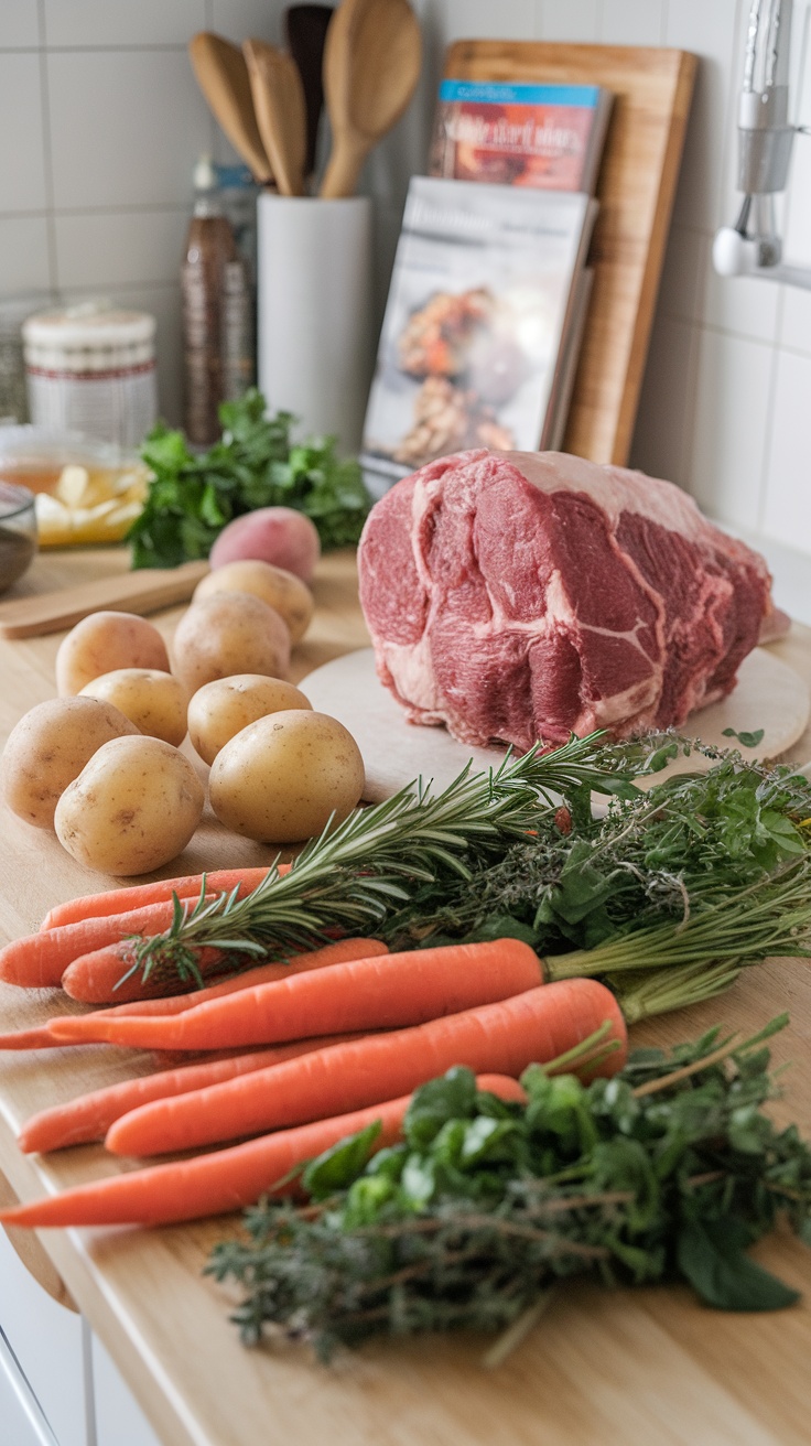 Ingredients for beef stew including a large cut of beef, potatoes, carrots, and fresh herbs on a wooden surface