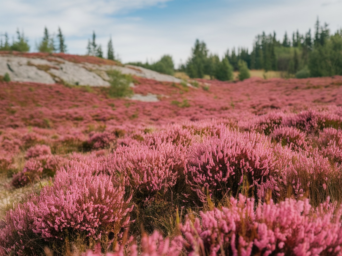 A field of blooming pink heather flowers under a bright sky.