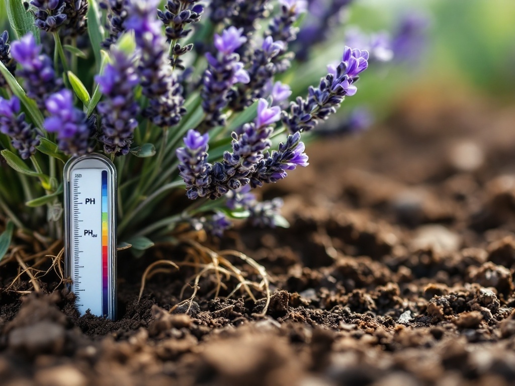 A close-up of a lavender plant with a pH meter in the soil, illustrating ideal conditions for lavender care.