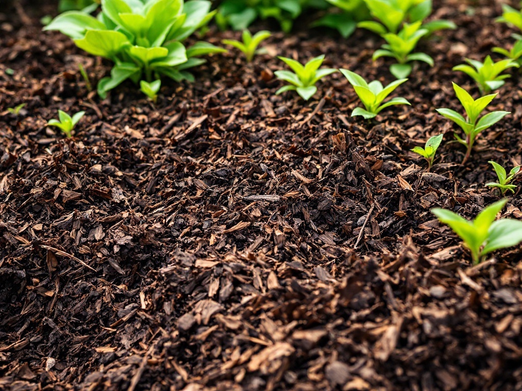 A garden bed with young plants and a layer of dark brown mulch