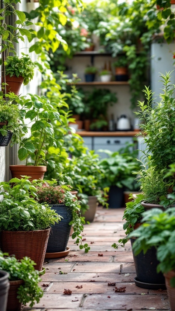 A lush terrace garden with various herbs growing in pots along a walkway.
