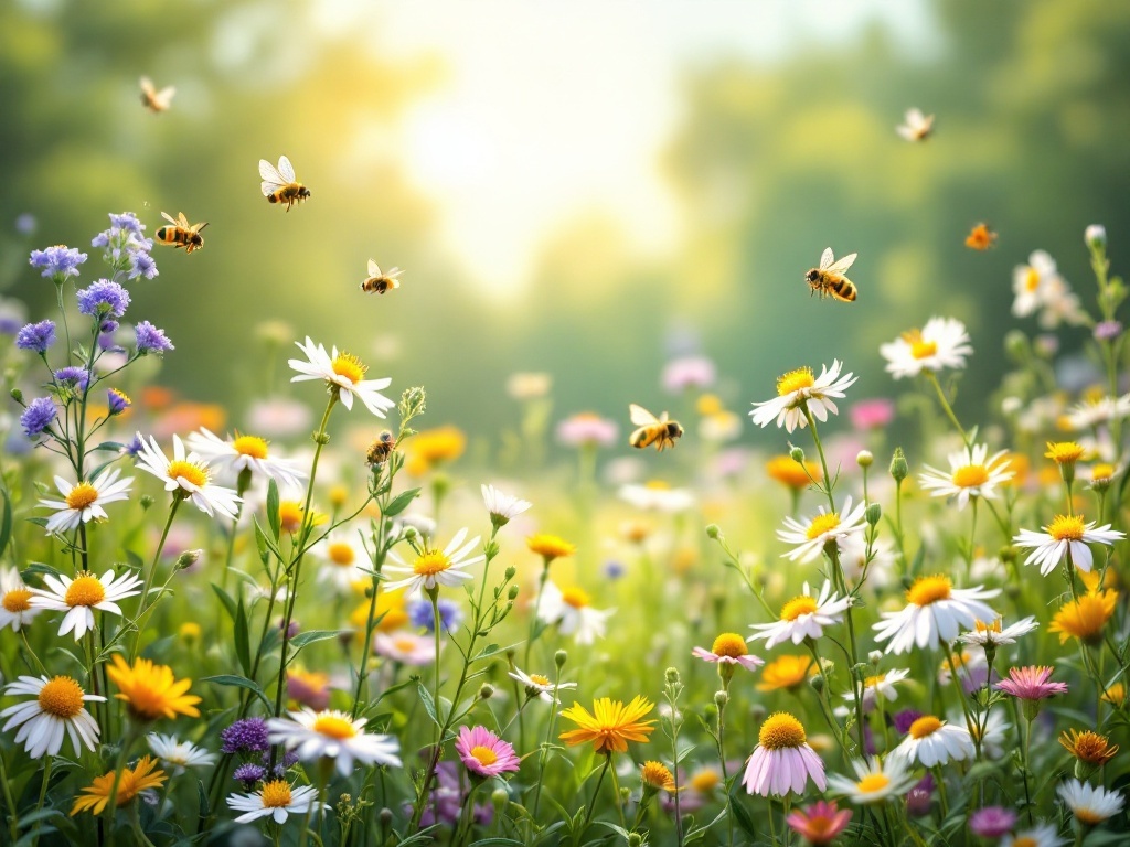 A colorful wildflower meadow filled with various flowers and bees, showcasing nature's beauty.