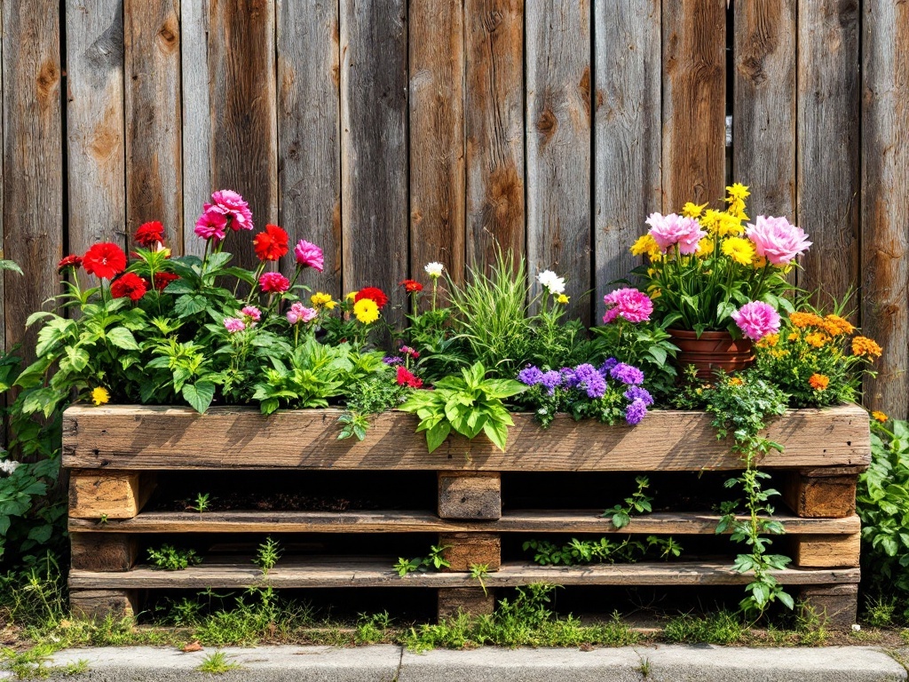 A wooden pallet bench with colorful flowers and greenery planted on it.