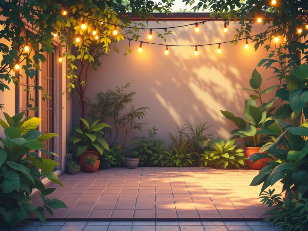 A cozy patio with string lights and various plants creating a warm and inviting atmosphere.