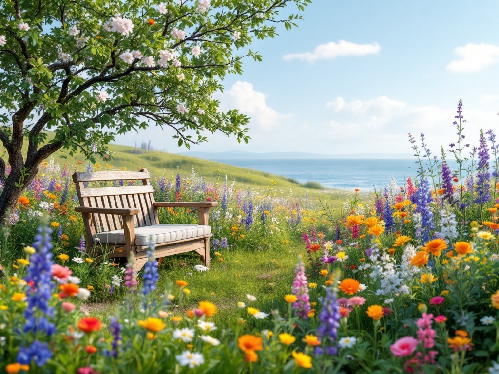 A cozy wooden bench in a colorful wildflower meadow with a scenic view of the ocean.