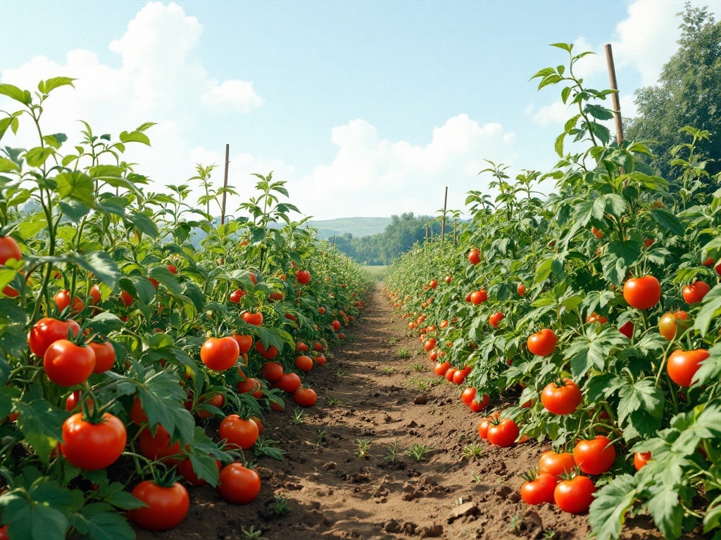 Rows of healthy tomato plants with ripe tomatoes under a blue sky.