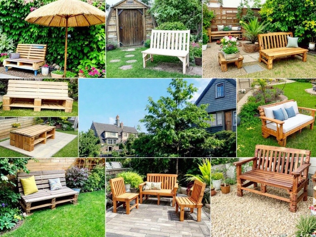 Creative pallet bench designs in a garden setting.