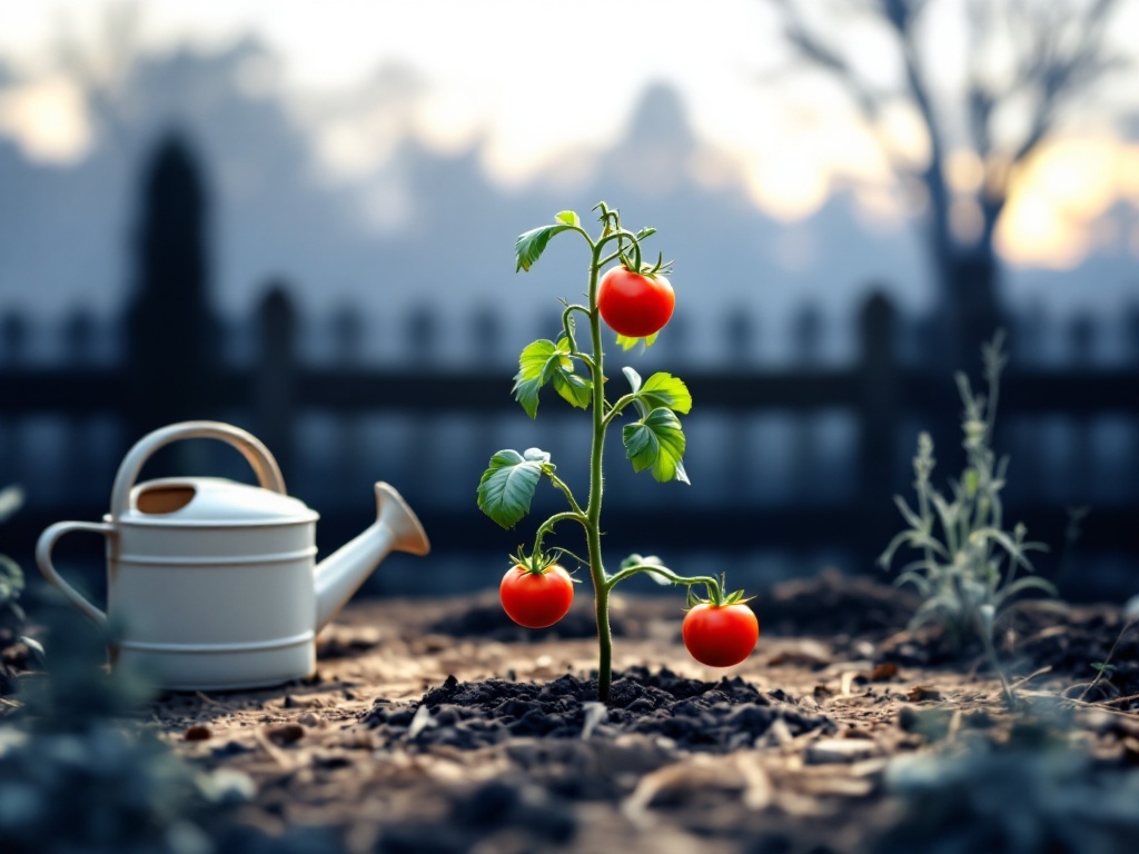 A young tomato plant with red tomatoes growing beside a watering can.