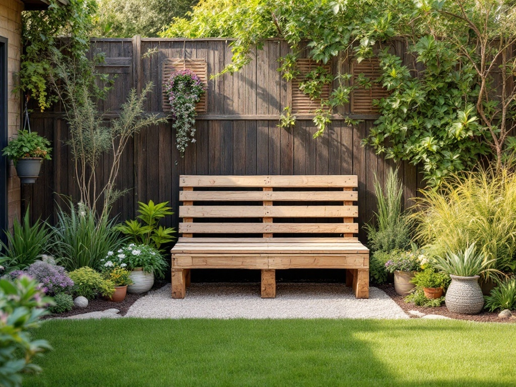 A wooden pallet garden bench surrounded by greenery and colorful plants in a well-kept garden space.