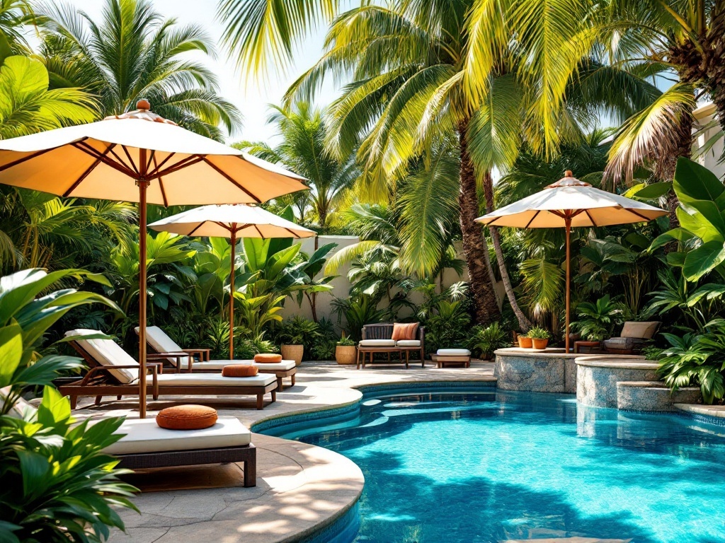 A sunny poolside area with lounge chairs and umbrellas surrounded by tropical plants.