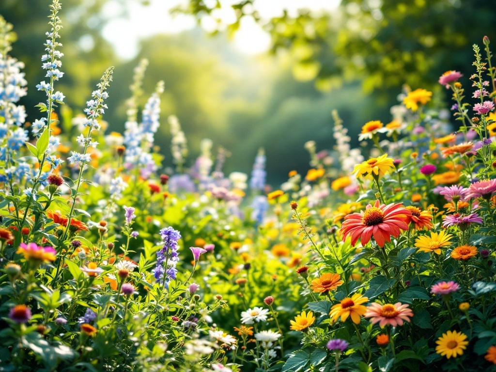 A vibrant wildflower meadow filled with various flowers in different heights, showcasing a mix of colors and textures.