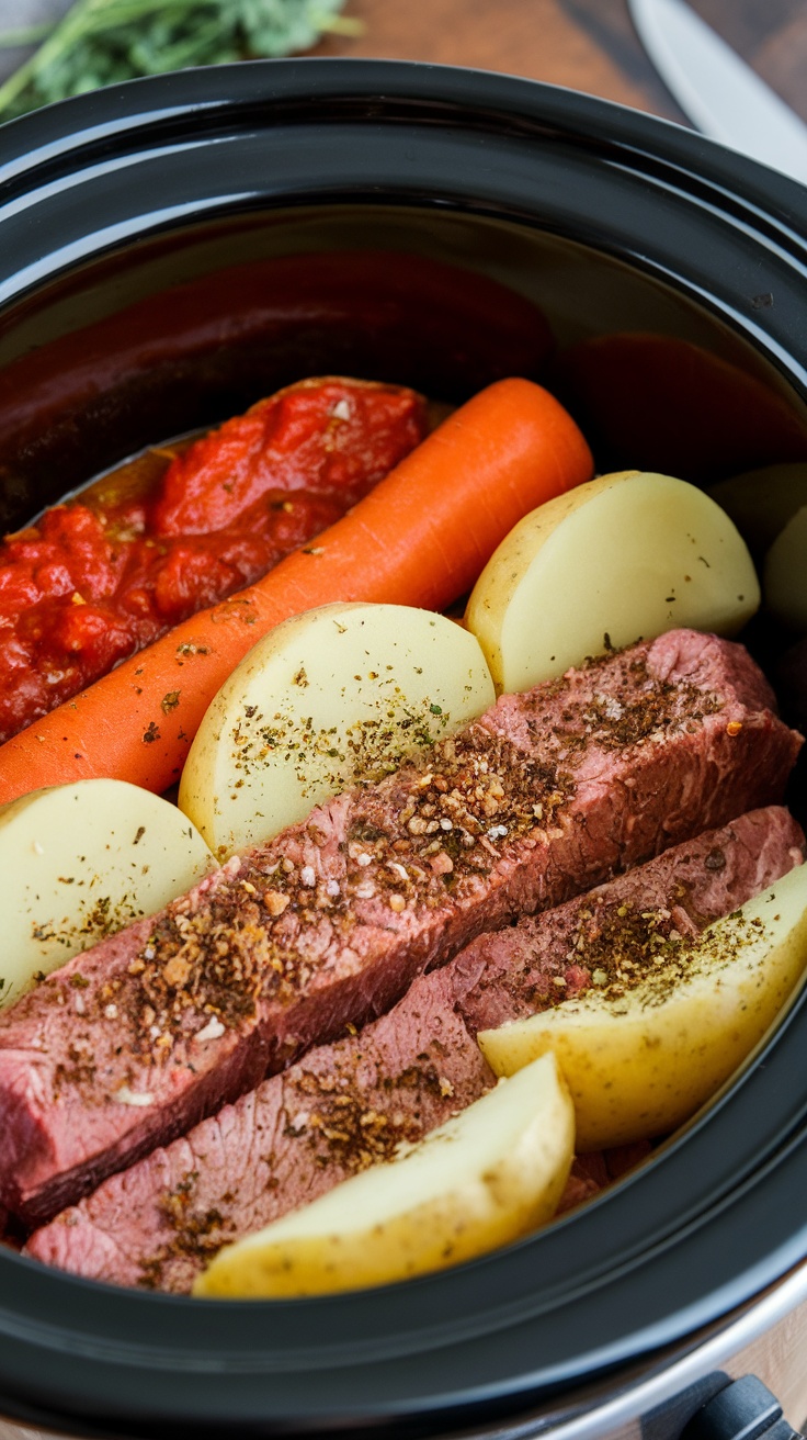 Ingredients for beef stew in a crockpot, including beef, potatoes, carrots, and tomato sauce.