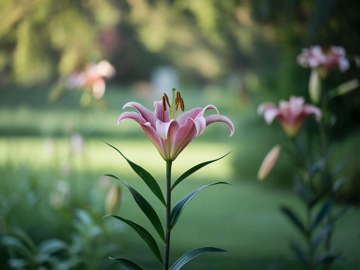 A vibrant pink lily flower with green leaves, set against a blurred garden background.