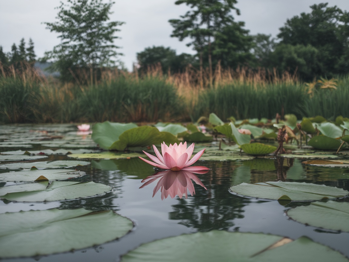 A tranquil scene featuring a pink lotus flower floating on water, surrounded by lily pads and greenery.