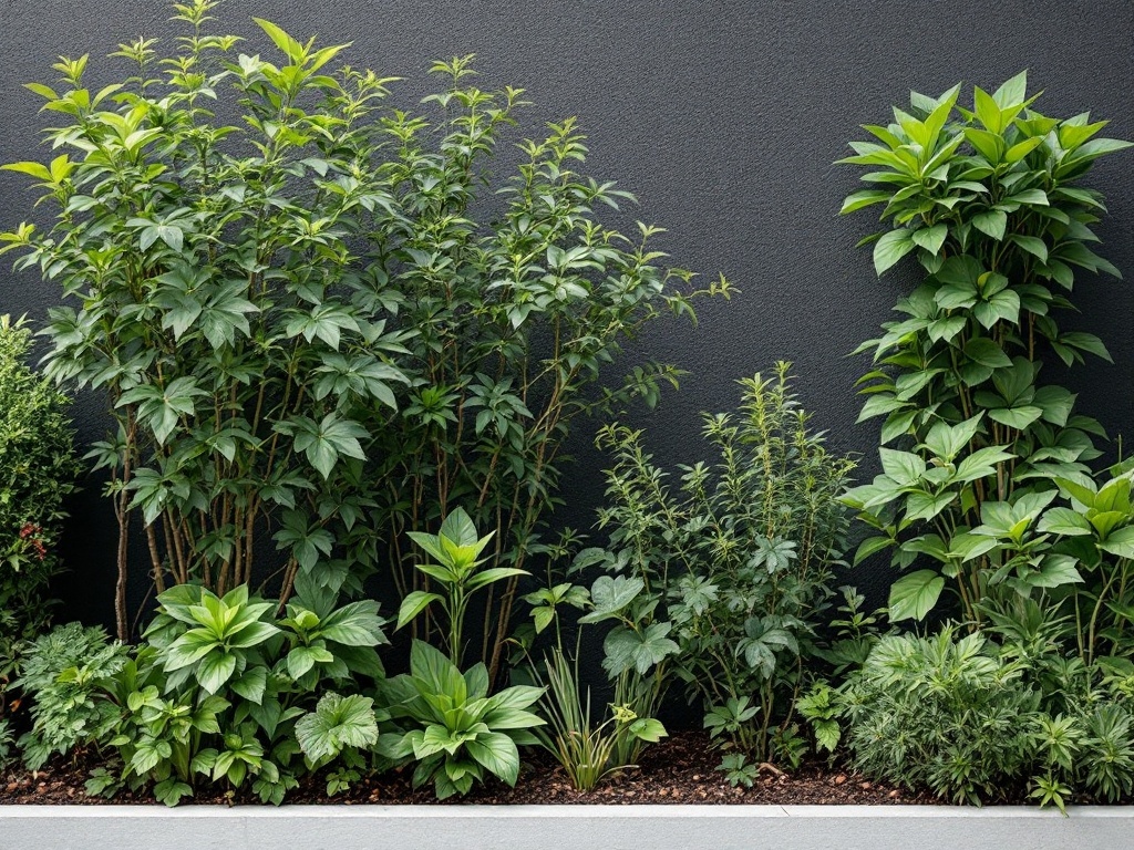 Lush greenery in a minimalist garden against a dark wall.