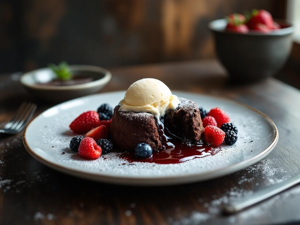 A plate of chocolate lava cake with fresh berries and a scoop of vanilla ice cream