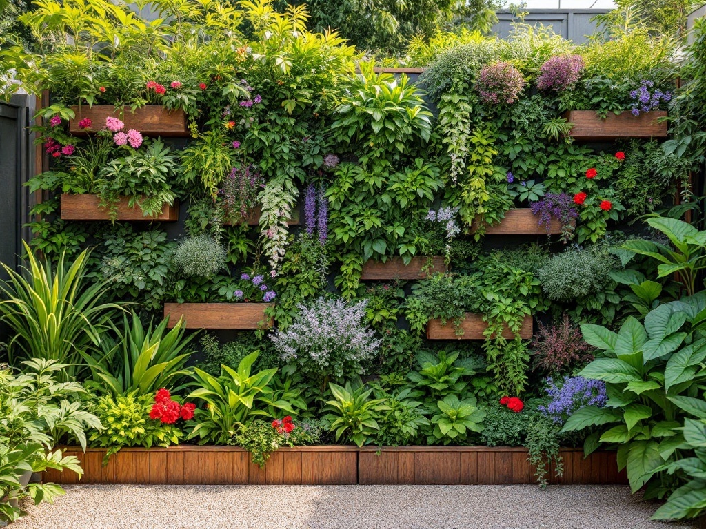 A vibrant vertical garden with various flowers and greenery arranged on wooden frames.