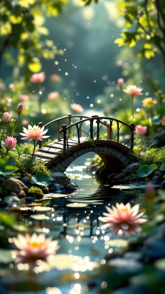 A serene pond with pink lilies and a small bridge in a lush garden setting.