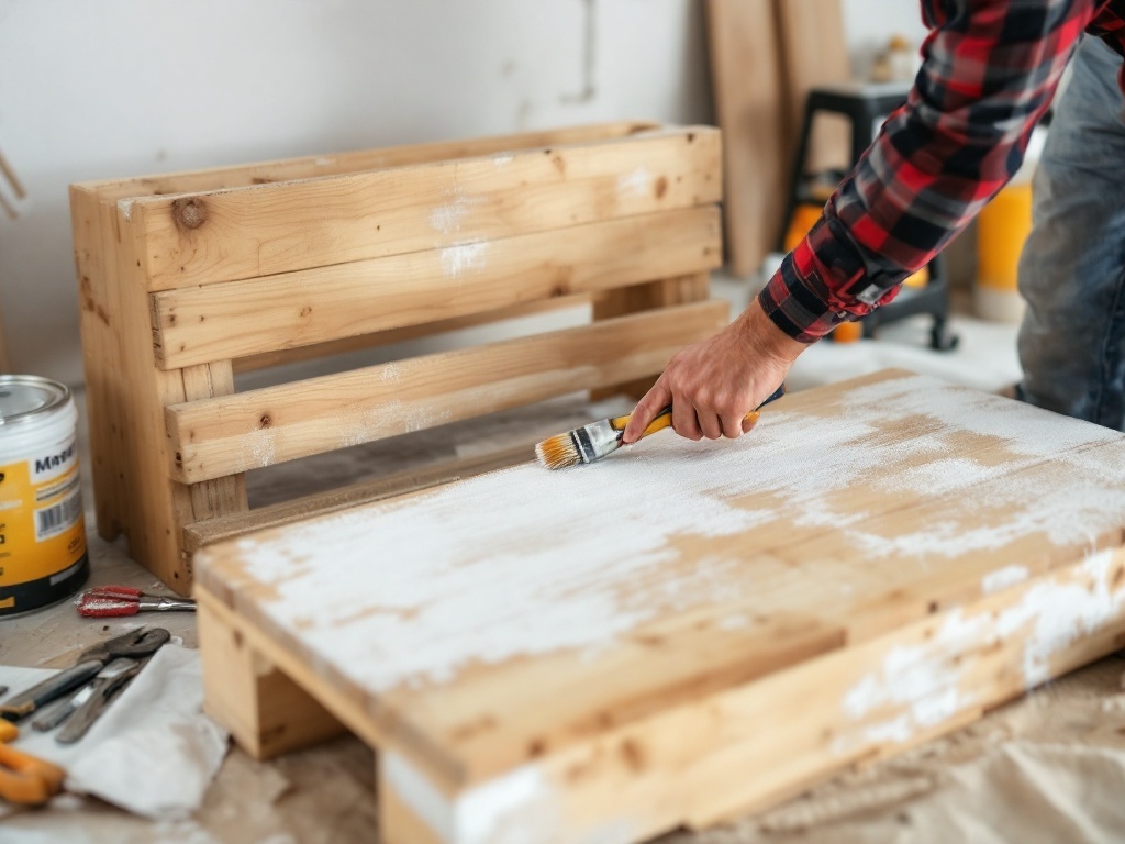 A person painting a pallet garden bench in a workshop.
