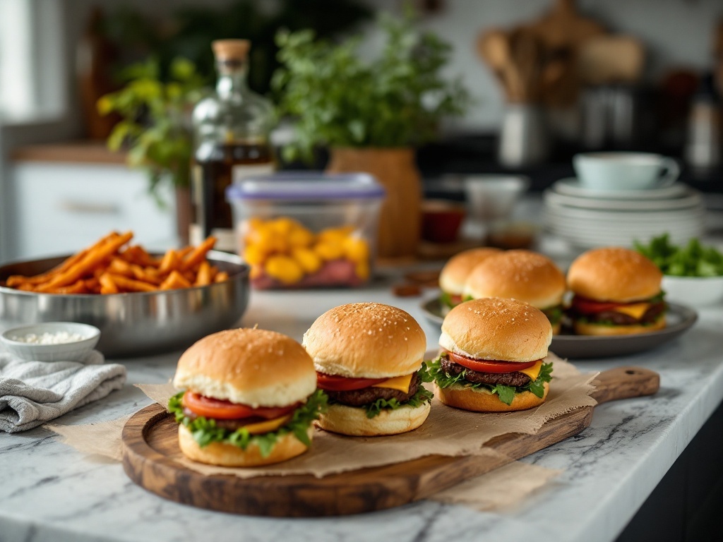 Delicious French dip sliders on a wooden platter with fresh ingredients.