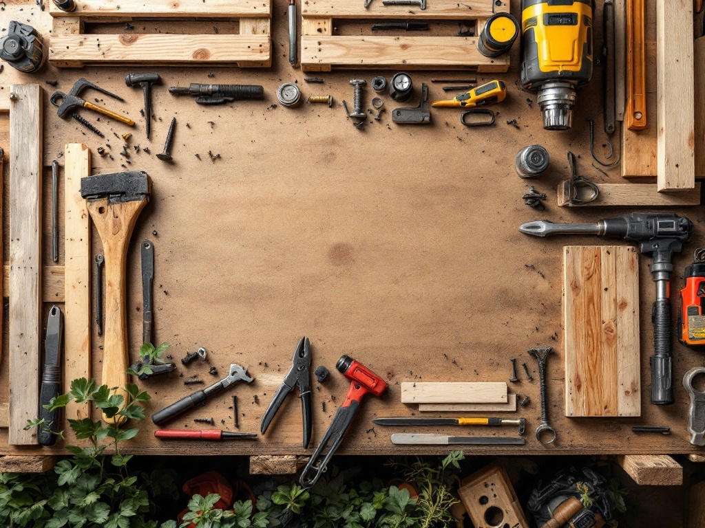 Tools and materials laid out for building a pallet garden bench