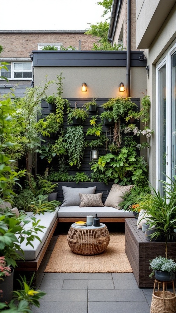 Cozy small terrace garden with green plants, seating area, and decorative elements.