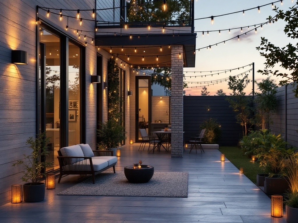 A beautifully lit patio with string lights and lanterns, showcasing an inviting outdoor space.