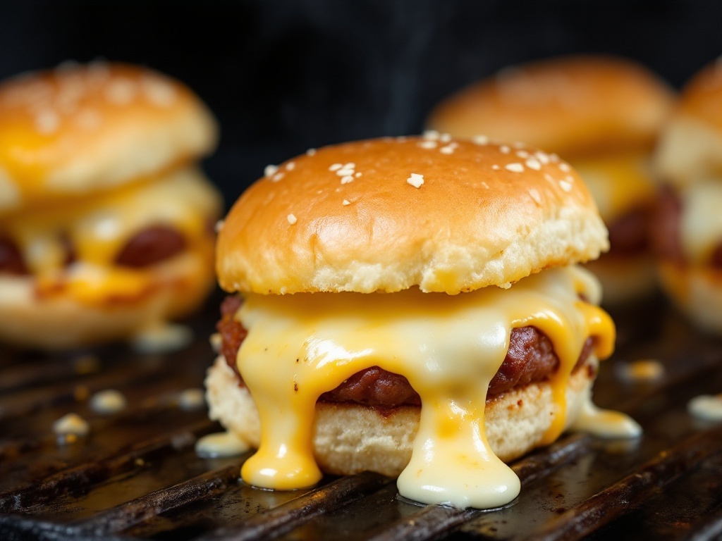 Melty provolone cheese topping on French dip sliders