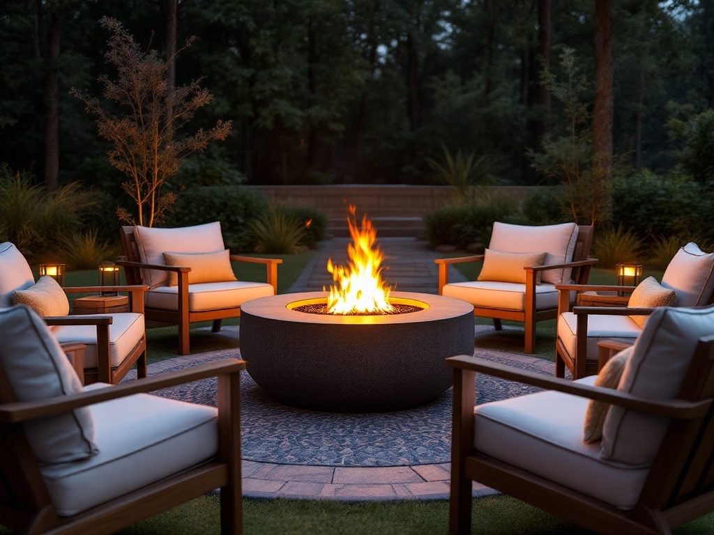 A modern fire pit setup with comfortable seating in a beautifully landscaped backyard.