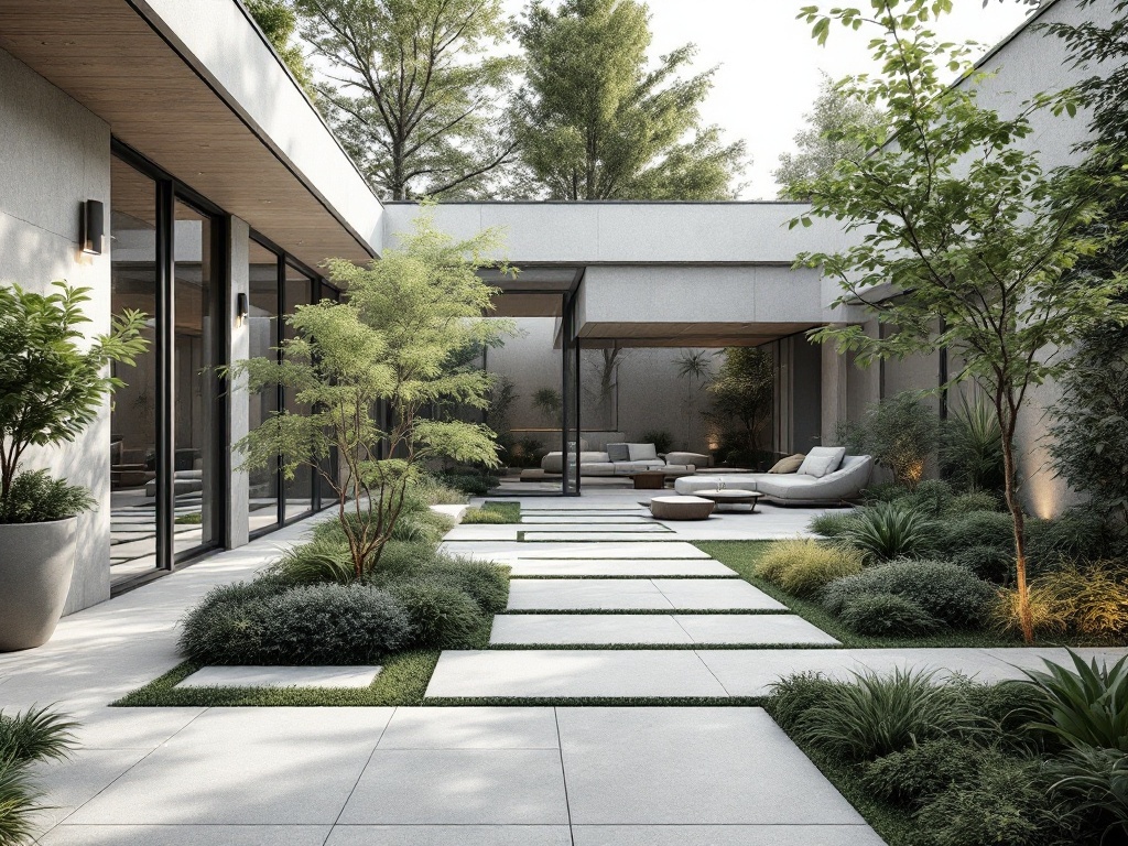 A modern minimalist garden featuring stone pathways, greenery, and contemporary seating.
