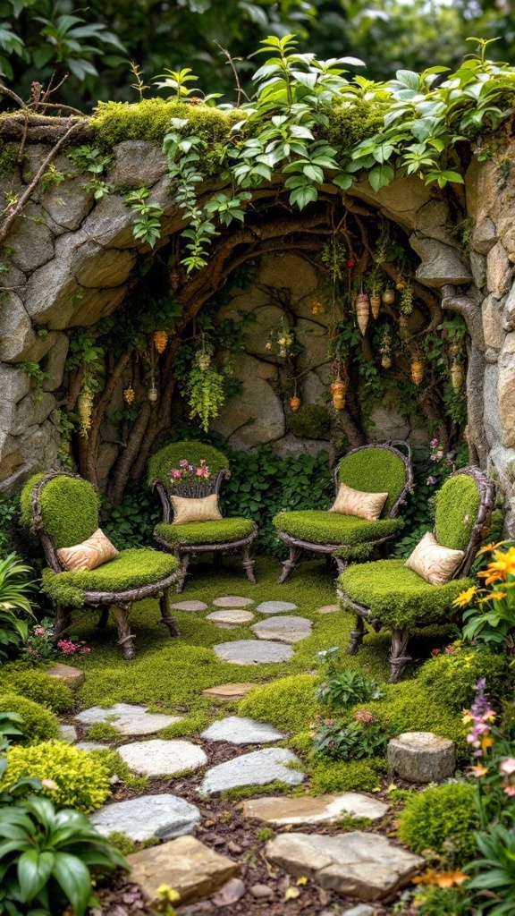 Cozy moss-covered chairs in a fairy garden setting