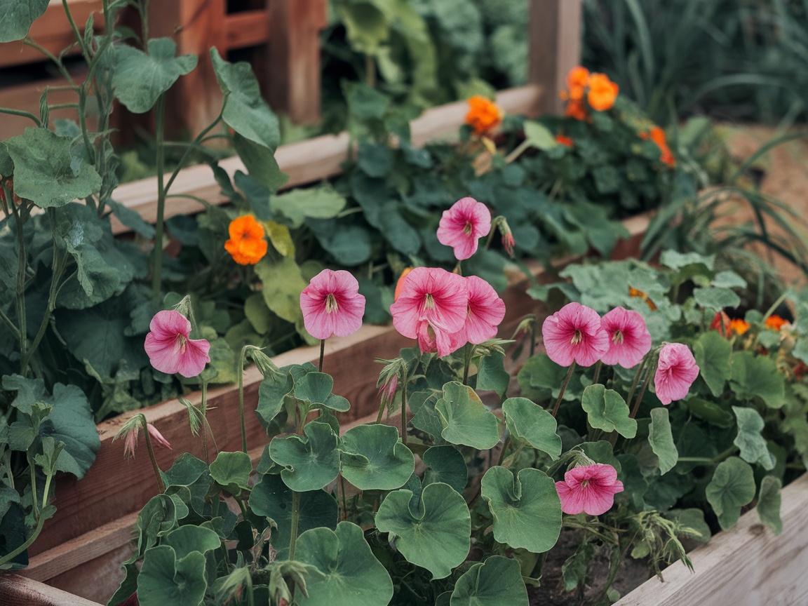 A garden filled with pink and orange nasturtium flowers surrounded by green leaves.