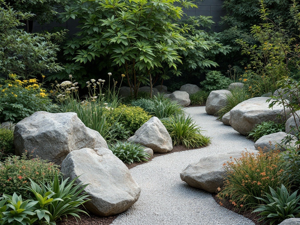 A minimalist garden with natural stone accents, featuring a winding path among rocks and lush plants.