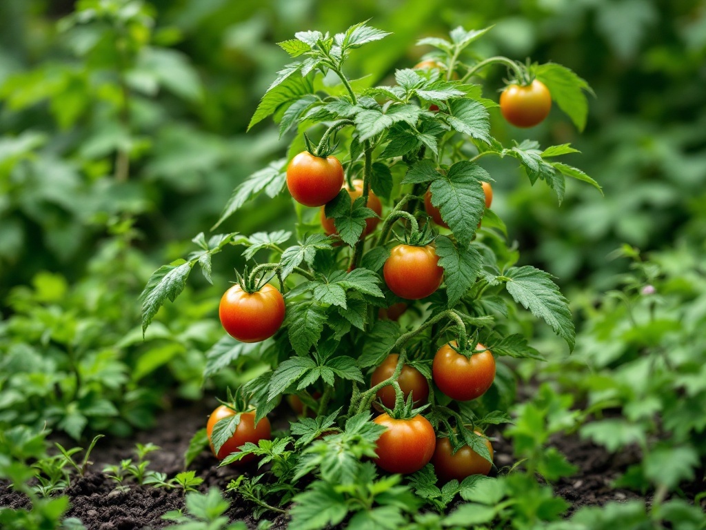 A healthy tomato plant with ripe tomatoes and lush green leaves in a garden setting.