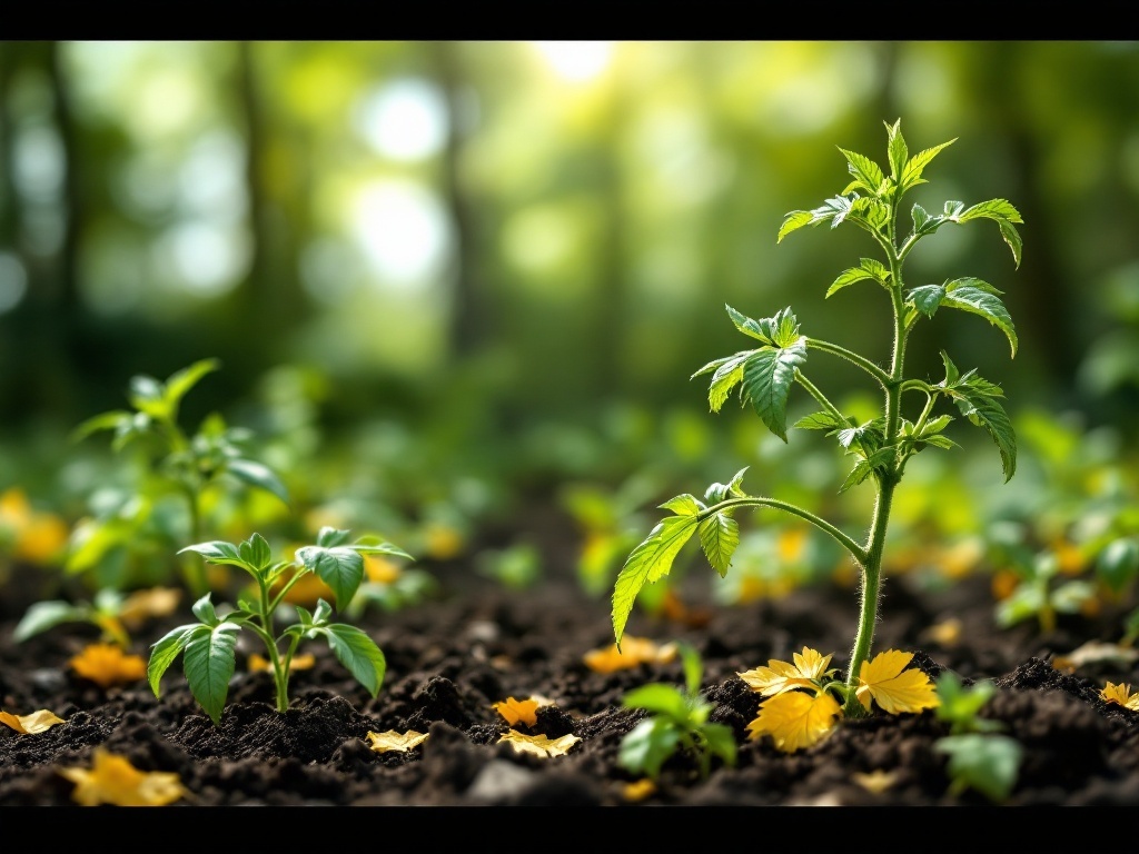 Young tomato plants in a garden, some with yellowing leaves indicating nutrient imbalances.