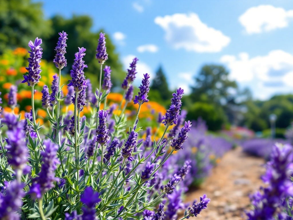 Vibrant lavender plants under a blue sky with fluffy clouds, showcasing healthy growth in sunny conditions.