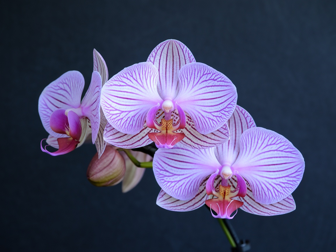 A close-up of pink orchids with intricate petal patterns against a dark background