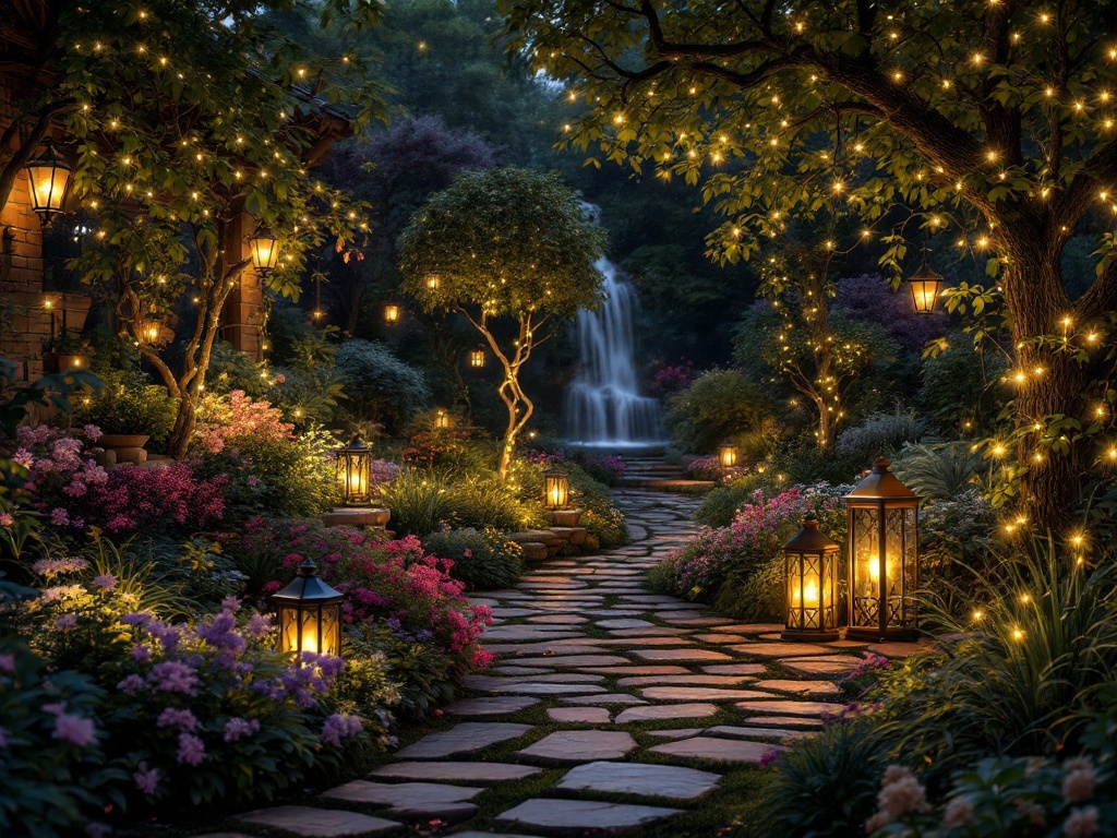 A beautifully lit garden path lined with lanterns and string lights, surrounded by colorful flowers and greenery, with a waterfall in the background.